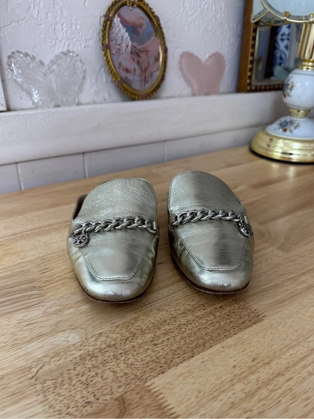 Tory Burch Metallic Silver Leather Chain Loafer Mules Size 7 Classic Minimalist